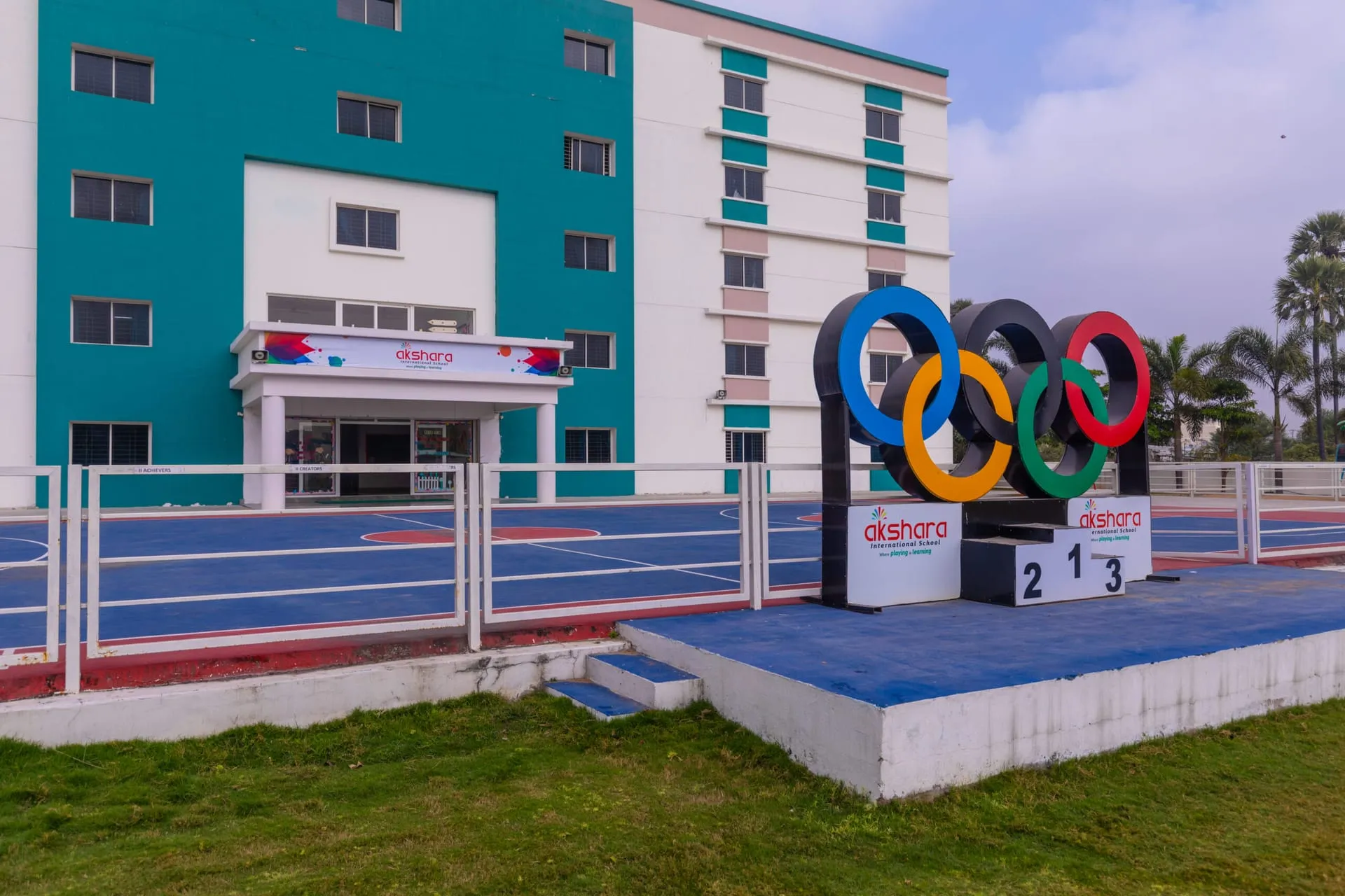 Olympic rings sculpture on the Akshara sports ground